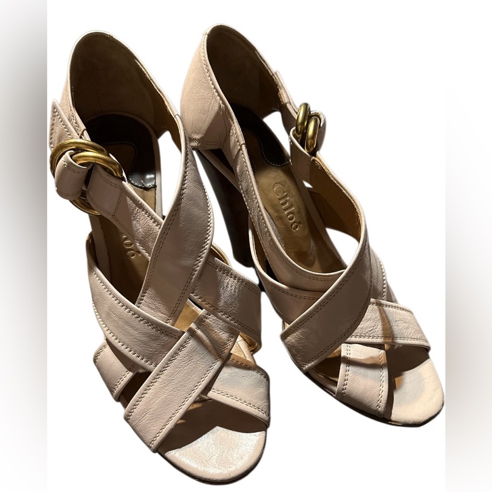 Chloé Beige Strappy Heels with Gold Buckle